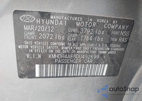 2013 Hyundai Elantra Gls from USA, damaged, VIN KMHDH4AE8DU492699